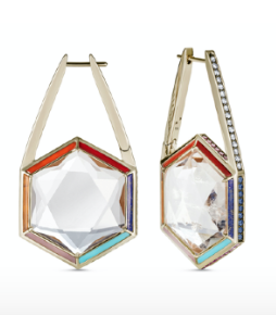 Noor Fares GRY YG One of a Kind Sahasrara Earrings / Rock Crystal 48.25ct, Diamonds 0.6ct, Blue-Pink-Yellow Sapphires 0.89ct 18k