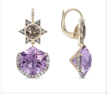 Noor Fares GRY YG Hex Drop Earrings / Amethyst 9.5ct, Rutilated Quartz 1.6ct, Diamonds 0.24ct 18k
