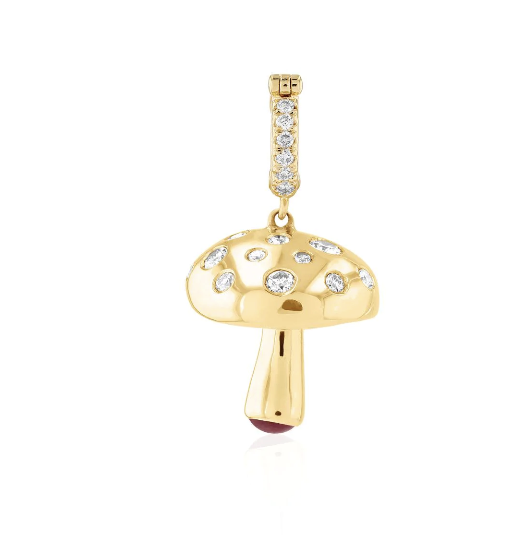 Joanna Dahdah YG Scattered Diamond Mushroom with Black Enamel Charm / 1.2ct brown diamond, 0.04 white diamond, 0.24ct ruby 18k