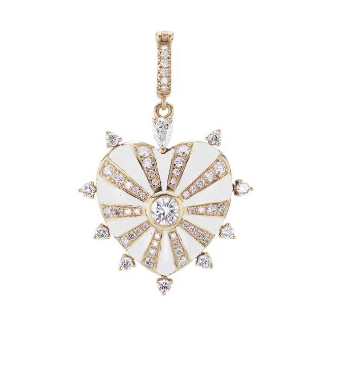 Joanna Dahdah YG White Enamel, Pave and Diamonds Around Large Mila Heart Charm 0.98ct diamond 18k