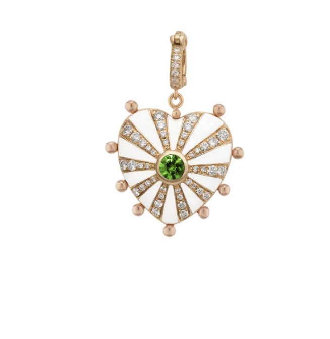 Joanna Dahdah YG White Enamel Medium Mila Heart Charm / 0.22ct diamond, 0.08ct tsavorite 18k