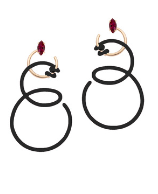 Bea Bongiasca YG Double Curl Vine Earrings with Black Enamel and Marquise Garnet (Demi-Fine 9k/Sterling Silver)