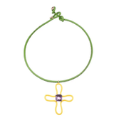 Bea Bongiasca Pop Choker with Yellow Enamel Lucky Flower and Amethyst Octagon Pendant on Green Adjustable Leather Cord