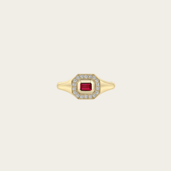 Zoe Chicco Horizontal Emerald Cut Ruby and Pave Diamond Signet Ring