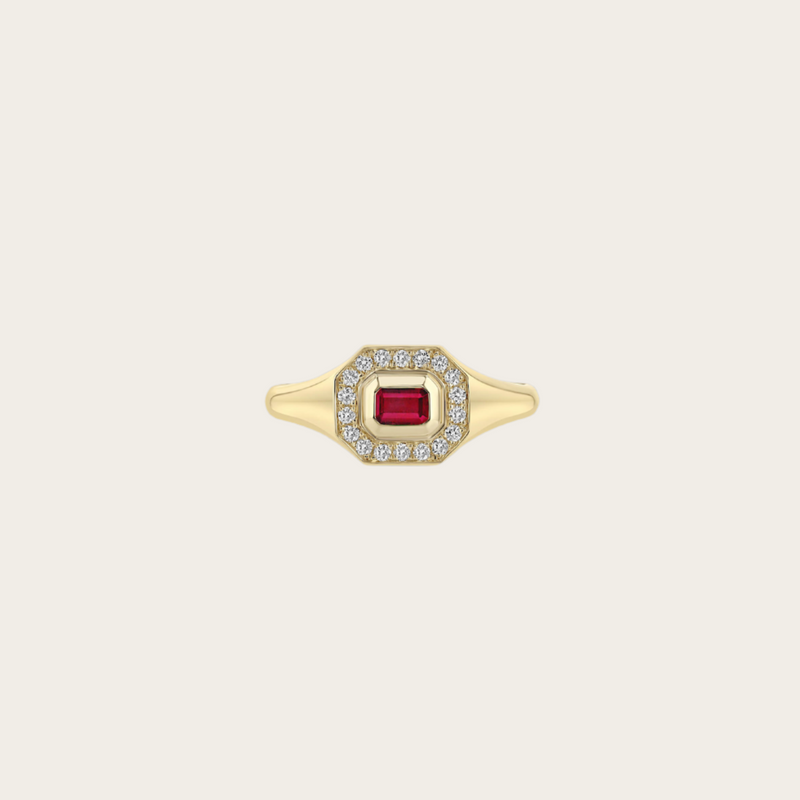 Zoe Chicco Horizontal Emerald Cut Ruby and Pave Diamond Signet Ring