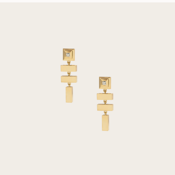 Azlee Scattered Gold Bar and Carre Diamond Staircase Earrings