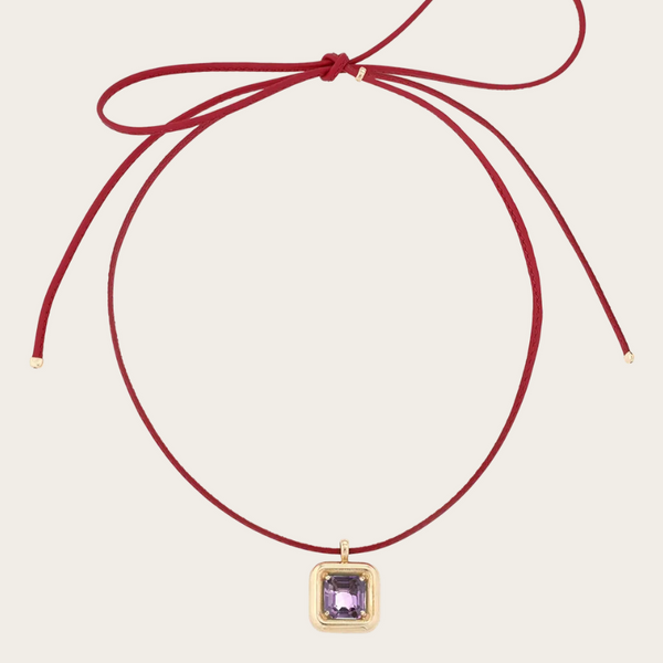 Bea Bongiasca Necklace with Square Cut Amethyst on Adjustable Red Leather Cord