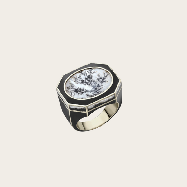 Venyx Noir Forest Ring with Black Enamel and Agate