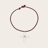 Bea Bongiasca Pop Choker with Panna Enamel Lucky Flower and Topaz Octagon Pendant on Dark Brown Adjustable Leather Cord