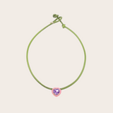 Bea Bongiasca YG Pop Choker with Light Pink Enamel Amethyst Heart Candy on Adjustable Green Leather Cord (Demi-Fine 9k/Sterling Silver)