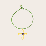 Bea Bongiasca Pop Choker with Yellow Enamel Lucky Flower and Amethyst Octagon Pendant on Green Adjustable Leather Cord
