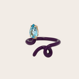 Bea Bongiasca Baby Vine Tendril Ring with Deep Purple Enamel and Drop Topaz