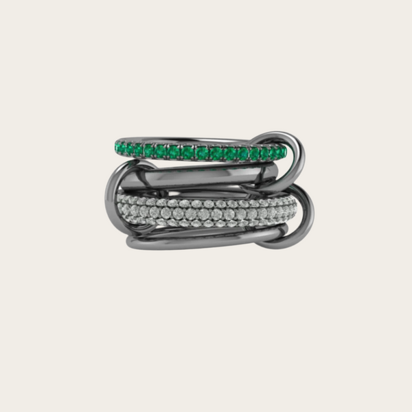 Spinelli Kilcollin SS VEGA BR GREY & EMERALD 4 linked rings / black rhodium with 0.7ct grey diamonds and 1.55ct emeralds