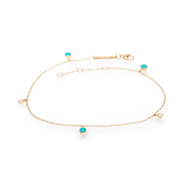 Zoe Chicco YG Dangling Turquoise and Diamonds Anklet 0.06cts (Demi-Fine 14k)