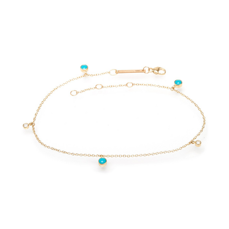 Zoe Chicco YG Dangling Turquoise and Diamonds Anklet 0.06cts (Demi-Fine 14k)