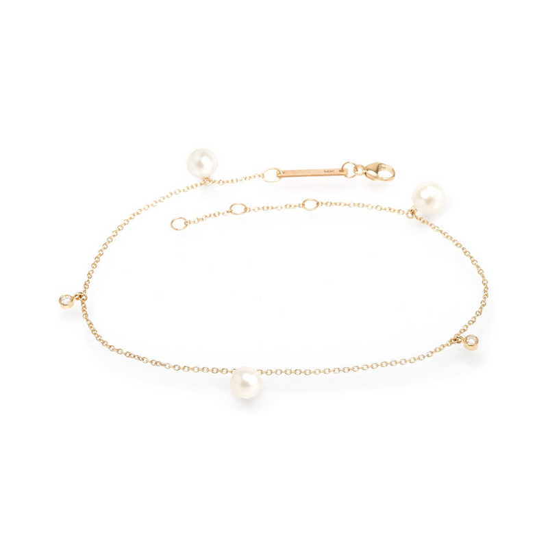 Zoe Chicco YG Dangling Pearls and Diamonds Anklet 0.06cts (Demi-Fine 14k)