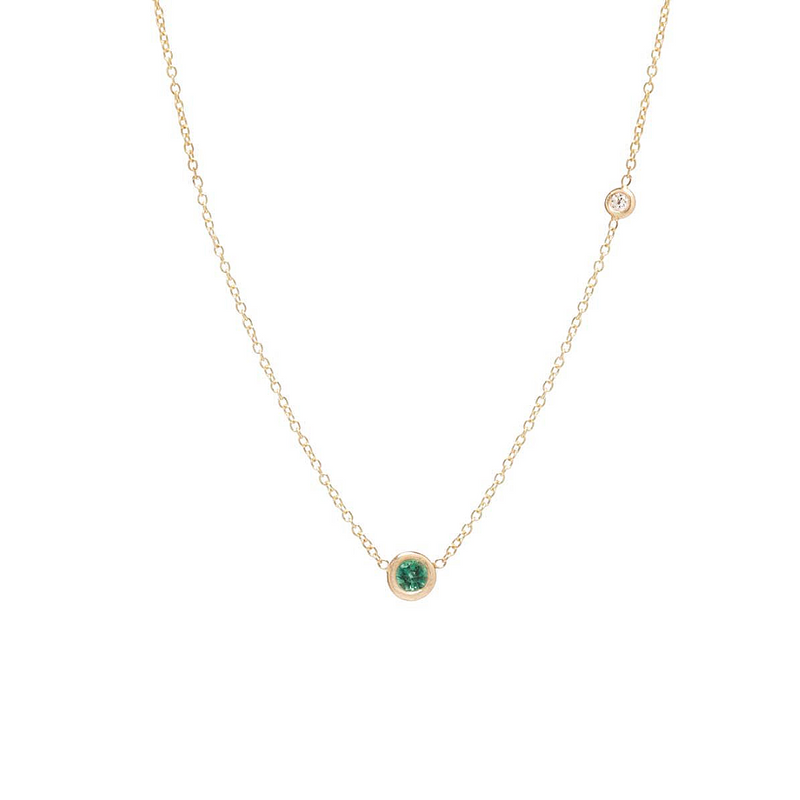 Zoe Chicco YG Single Emerald Set in Chain with Offset Diamond Necklace / Emerald 0.10ct, Diamond 0.03ct (Demi-fine 14k)