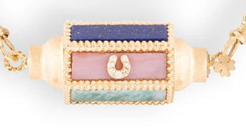 Marie Lichtenberg YG Brick Locket with Diamonds 0.14cts and Moonstone 2.51cts, Malachite 3.42cts, Amazonite 1.66cts, Lapis 2.5cts, Tiger Eye 2.55cts, Pink Opal 1.8cts (Demi-fine 14k)