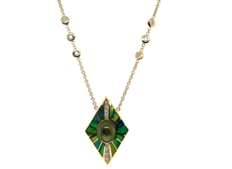 Jacquie Aiche YG Green Opal Inlay Kite Shield Pave Green Tourmaline Oval Center with 6 Bezel Diamond Necklace (Demi-fine 14k)