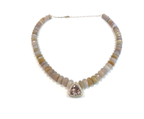 Jacquie Aiche YG Large Morganite Trillion Pave Center on Graduated Light Neutral Opal Beaded Necklace (Demi-fine 14k)
