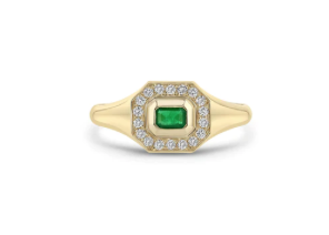 Zoe Chicco YG Horizontal Emerald Cut Emerald and Pave Diamond Signet Ring / Emerald 0.2ct, Diamond 0.15ct (Demi-Fine 14k)