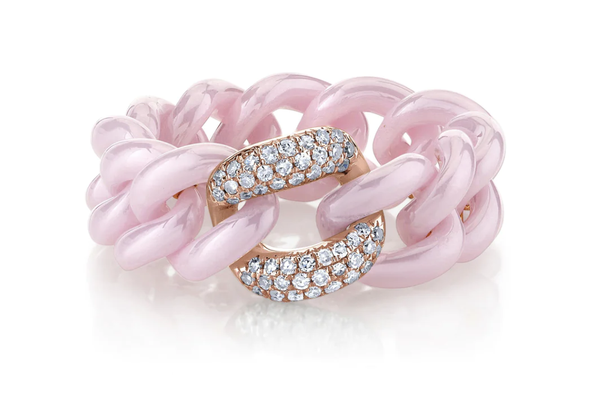 Shay Single Diamond Pave and Pink Ceramic Medium Link Ring 8MM 0.17cts 18k