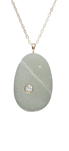 CVC Stones CRICKET Necklace / grey stone with a white vein, white diamonds 0.265cts and 30" chain 18k