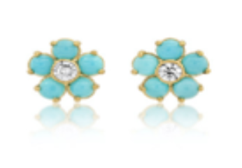 Jennifer Meyer YG Mini Turquoise  & Diamond Flower Studs 0.04ct 18k