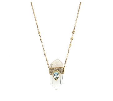 Jacquie Aiche YG 5 Row Pave  Aquamarine Teardrop Cap Double Pointed Quartz Crystal with 6 Bezel Diamond Necklace 0.74ct (Demi-fine 14k)