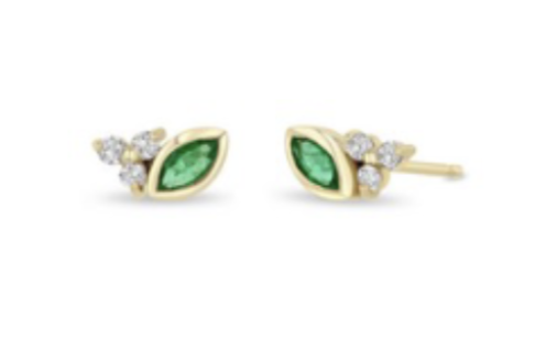 Zoe Chicco YG Marquise Emerald and Prong Set Diamond Trio Studs 0.09ct  (Demi-Fine 14k)