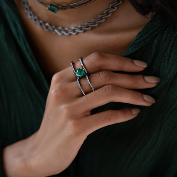 Ascher Diamond  Supernova 6 Ring with Asscher Cut Emerald