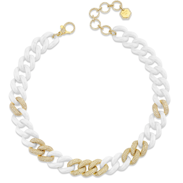 Shay YG 9 Diamond Pave and White Ceramic Jumbo Link Necklace 15MM 6.7cts 18k