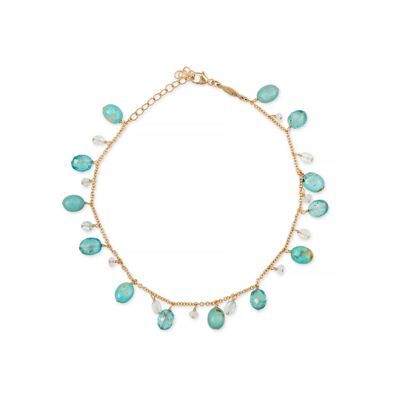 Jacquie Aiche YG Beaded Shaker Anklet with Turquoise, Apatite and Aquamarine (Demi-fine 14k)