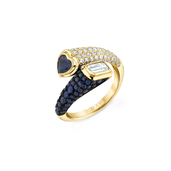 Shay YG Mixed Bypass Pinky Ring / Diamonds 0.77cts, Blue Sapphires 0.96cts 18k