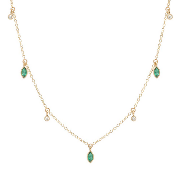 Zoe Chicco YG Alternating Dangling Marquise Emeralds and Diamonds Necklace / Emerald 0.08ct, Diamond 0.15ct (Demi-fine 14k)