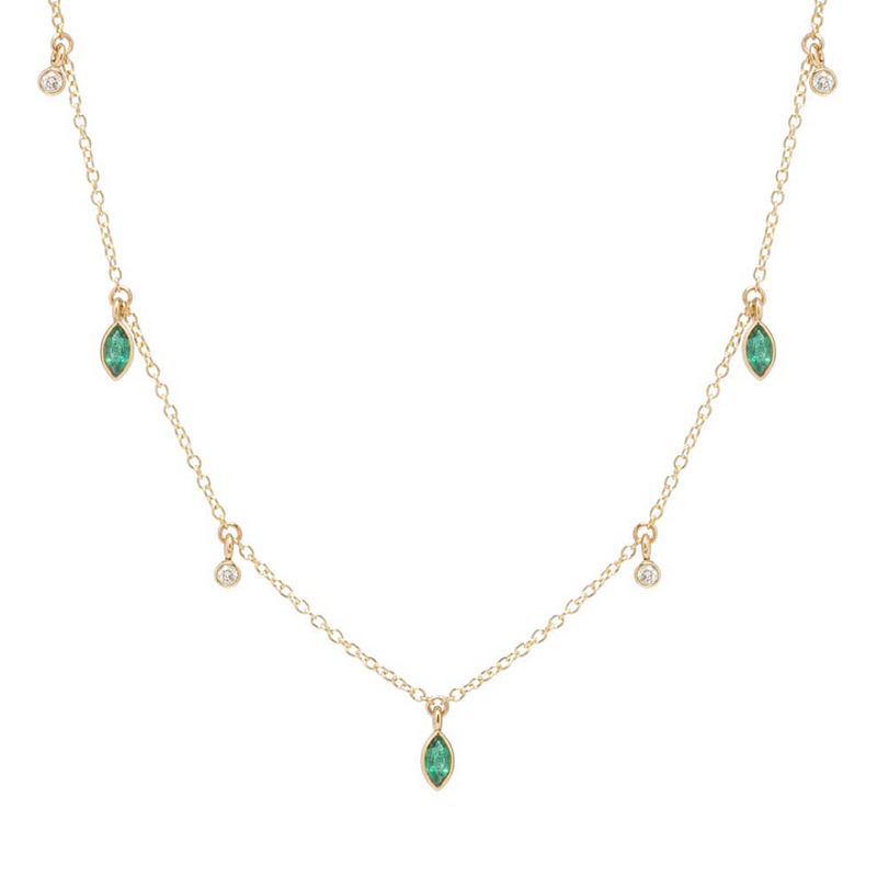 Zoe Chicco YG Alternating Dangling Marquise Emeralds and Diamonds Necklace / Emerald 0.08ct, Diamond 0.15ct (Demi-fine 14k)