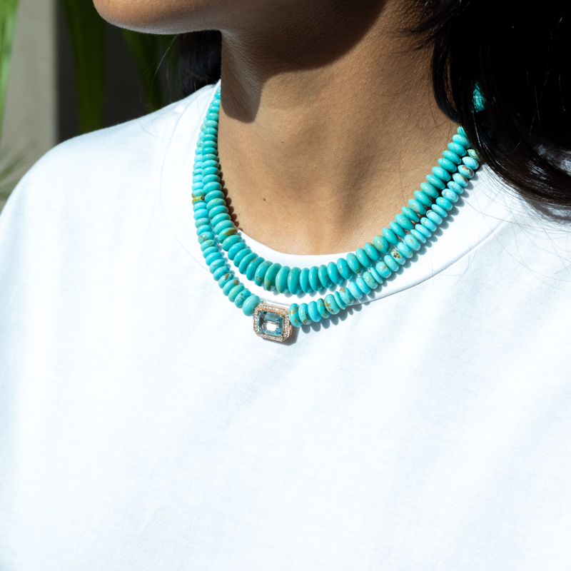 Jacquie Aiche RG Aquamarine Rectangle Pave Center on Graduated Turquoise Beaded Necklace (Demi-Fine 14k)