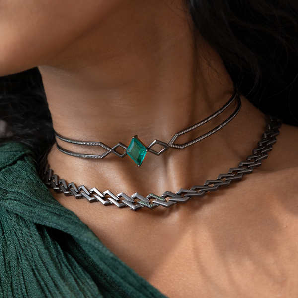 Ascher BLK WG Diamond Pave Abysm Choker with Lozenge Cut Emerald 3.84cts / White Diamonds 0.92cts 18k
