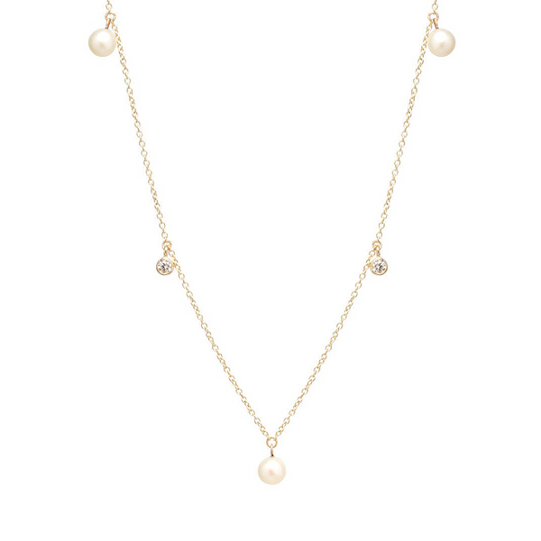 Zoe Chicco YG 5 Alternating Dangling Pearls and Diamonds Necklace 0.10cts (Demi-Fine 14k)