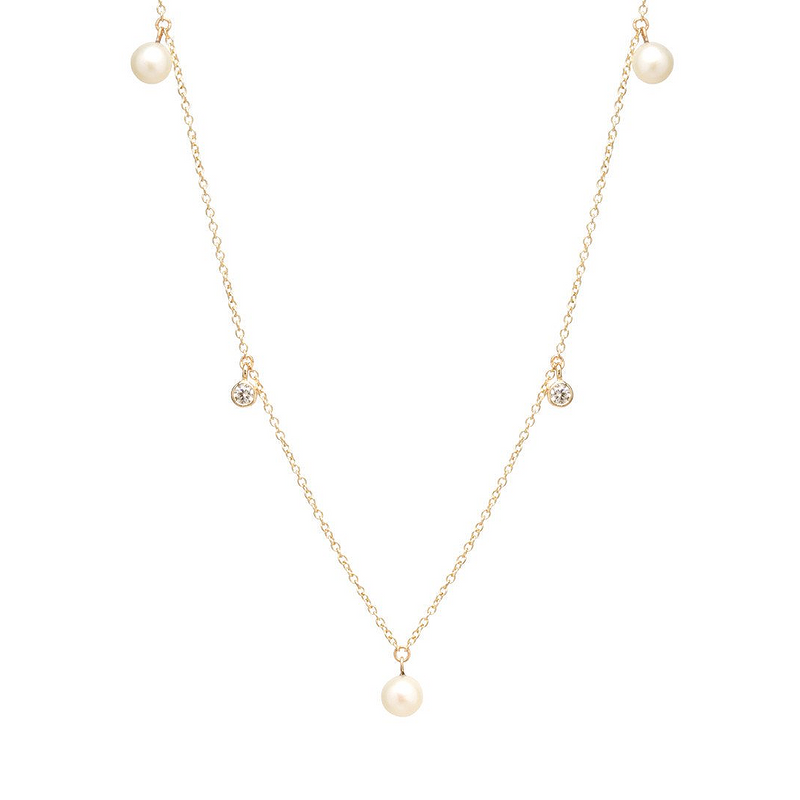 Zoe Chicco YG 5 Alternating Dangling Pearls and Diamonds Necklace 0.10cts (Demi-Fine 14k)