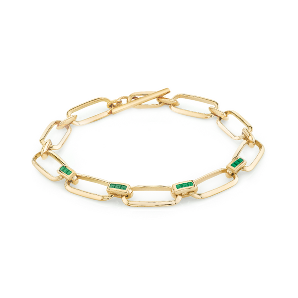 Lizzie Mandler YG Knife Edge Flat Link Bracelet with Princess Cut Emerald Bridges 0.48ct 18k