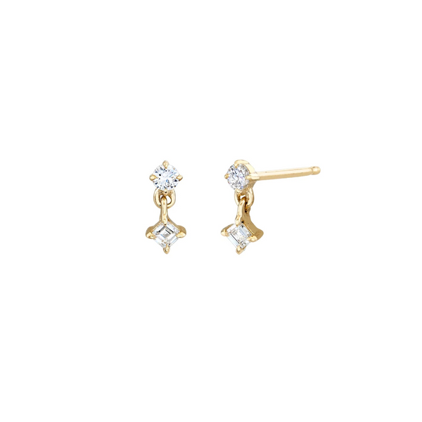 Lizzie Mandler YG Mix Matched Round Carre Mini Drop Stud Single 0.05ct 18k