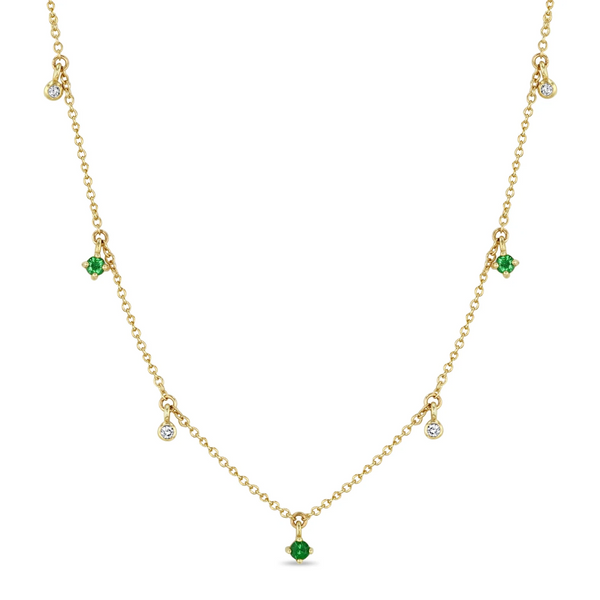 Zoe Chicco YG 7 Alternating Dangling Emeralds and Diamonds Necklace 0.06ct (Demi-fine 14k)