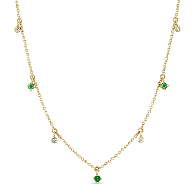 Zoe Chicco YG 7 Alternating Dangling Emeralds and Diamonds Necklace 0.06ct (Demi-fine 14k)