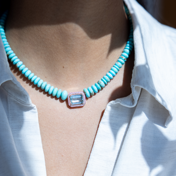 Jacquie Aiche RG Aquamarine Rectangle Pave Center on Graduated Turquoise Beaded Necklace (Demi-Fine 14k)