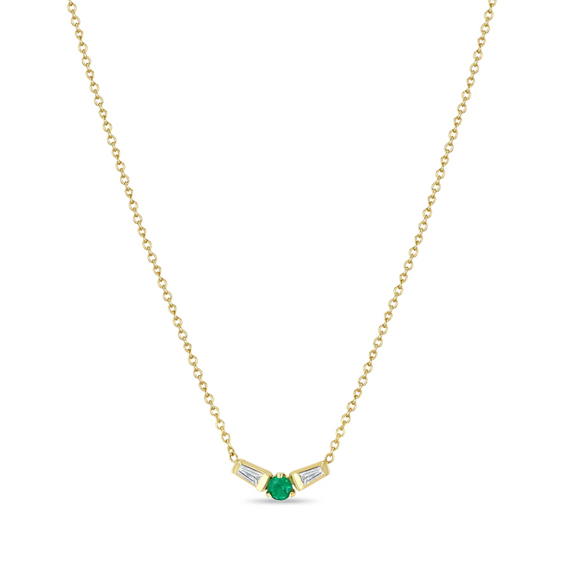Zoe Chicco YG Emerald and Angled Tapered Baguette Diamonds Necklace 0.06cts (Demi-Fine 14k)