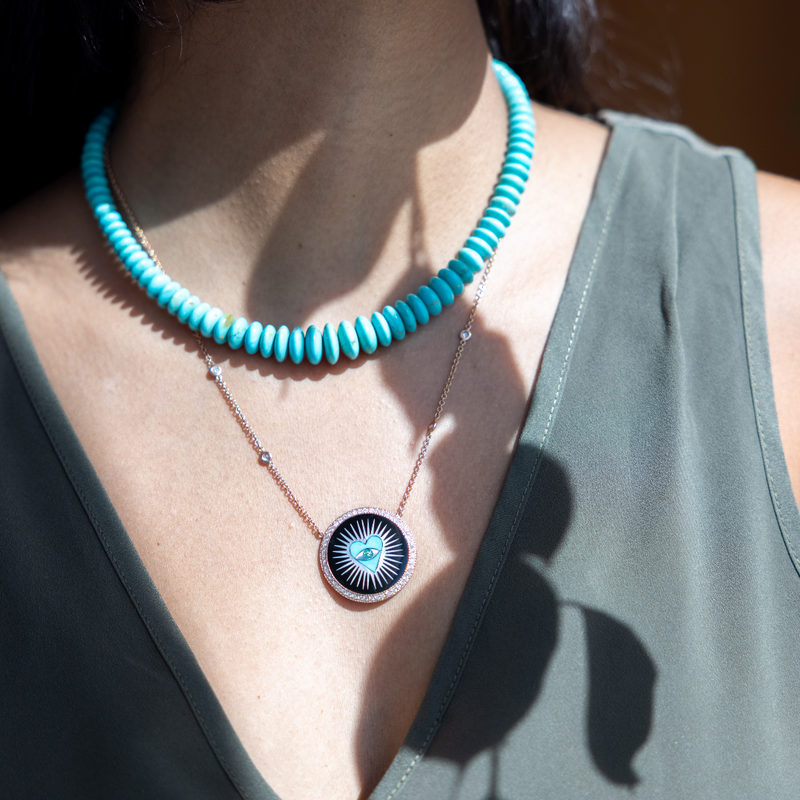 Jacquie Aiche RG Small Heart Burst Necklace with Onyx, Turquoise & Diamonds (Demi-Fine 14k)