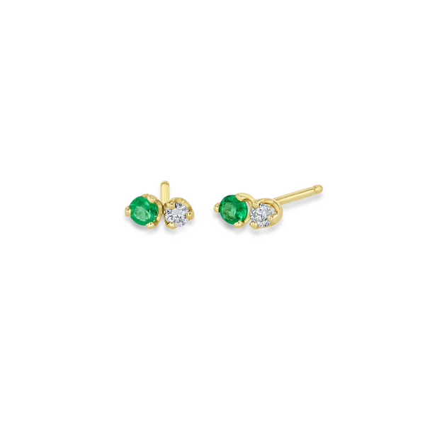 Zoe Chicco YG Mixed Prong Emerald and Diamond Studs  / Emerald 0.06ct, Diamond 0.03ct (Demi-Fine 14k)