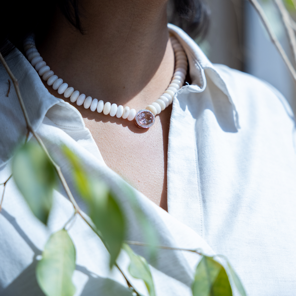 Jacquie Aiche RG Morganite Oval Pave Center on Light Pink Opal Beaded Necklace (Demi-Fine 14k)