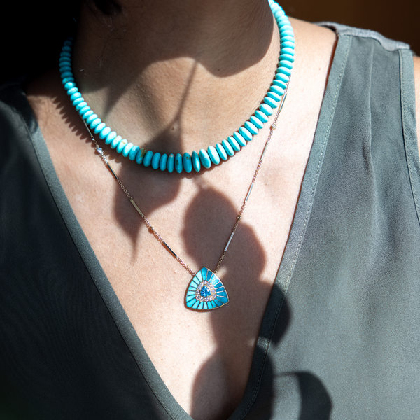 Jacquie Aiche YG Small Vortex Turquoise Inlay and Aquamarine Center Necklace with Diamonds (Demi-Fine 14k)